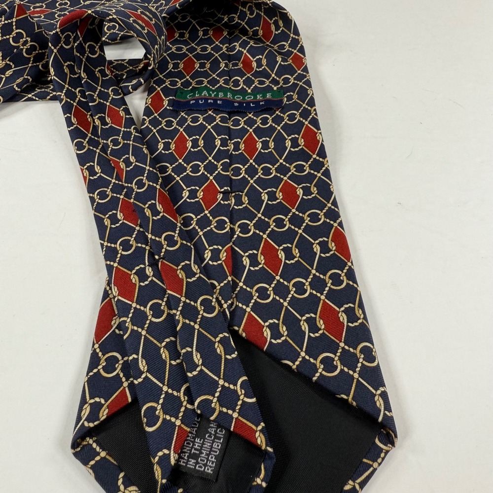 Vintage Claybrooke Pure Silk Hand Made Nautical Blue Red White Gold Tie 57.5" - Picture 2 of 3
